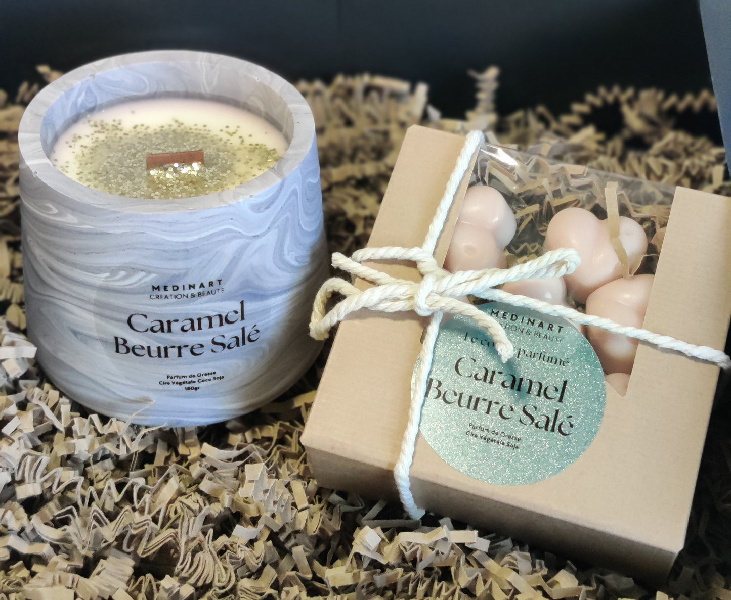 Coffret Cadeau bougie et fondants nuages parfumés CARAMEL BEURRE SALE